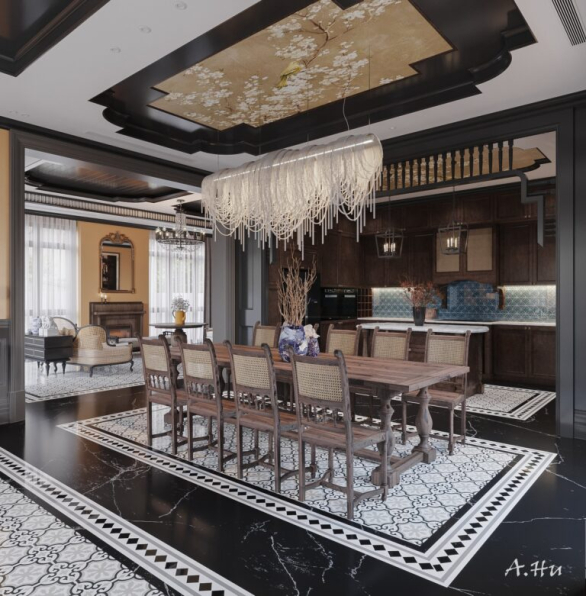 Anh Tehu - 3D Indochine Living Room - Kitchen Interior Model Download 