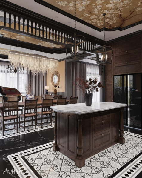 Anh Tehu - 3D Indochine Living Room - Kitchen Interior Model Download 