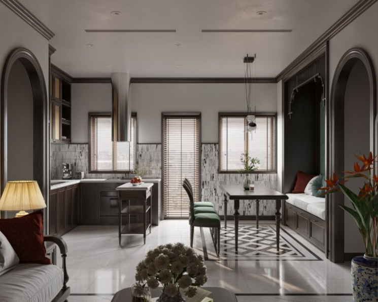 Phong Tran - 3D Indochine Living Room - Kitchen Interior Model Download 