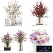 A collection of realistic five-piece bouquets of ilex, lavender, sakura, and poppy in modern vases. Set 624.