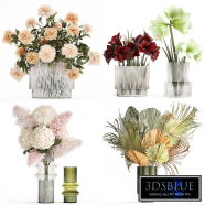 A collection of realistic five-piece bouquets featuring hydrangeas, peonies, dried flowers, and hippeastrum in modern vases. Set 631.