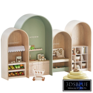 A play wall with themed arched sections