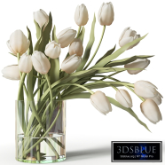 A bouquet of tulips in a glass cylindrical vase