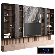modern tv wall with wooden panels & black marble 04