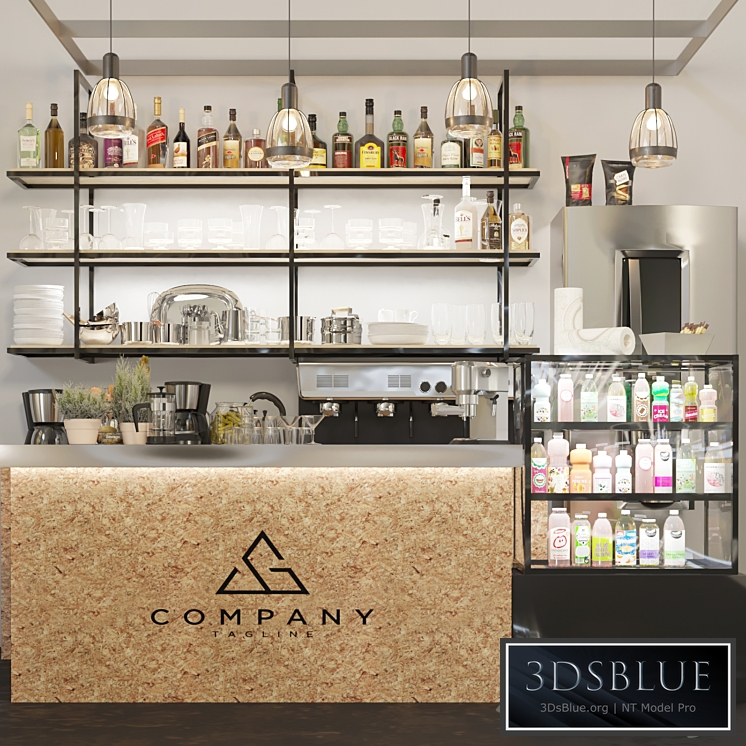 Minimalistic design of a pub with strong alcohol and a coffee machine.