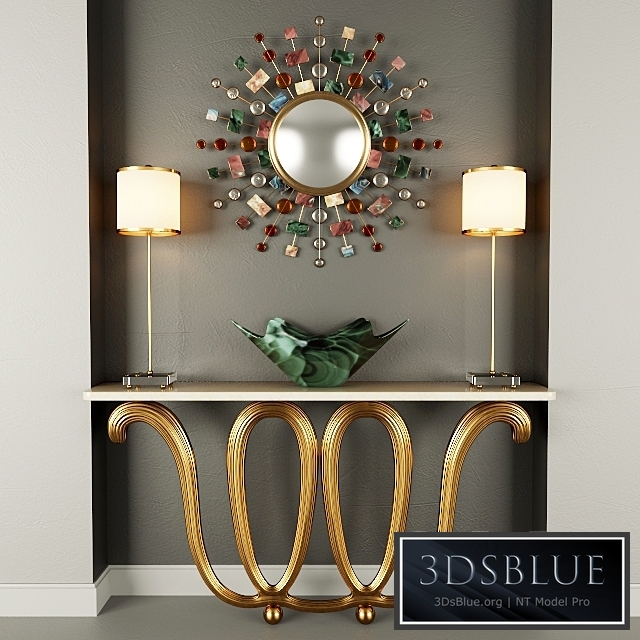 Wall Console, Mirror, Table lamp and vase