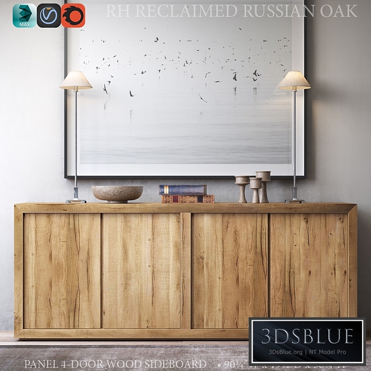 RECLAIMED RUSSIAN OAK PANEL 4-DOOR WOOD SIDEBOARD