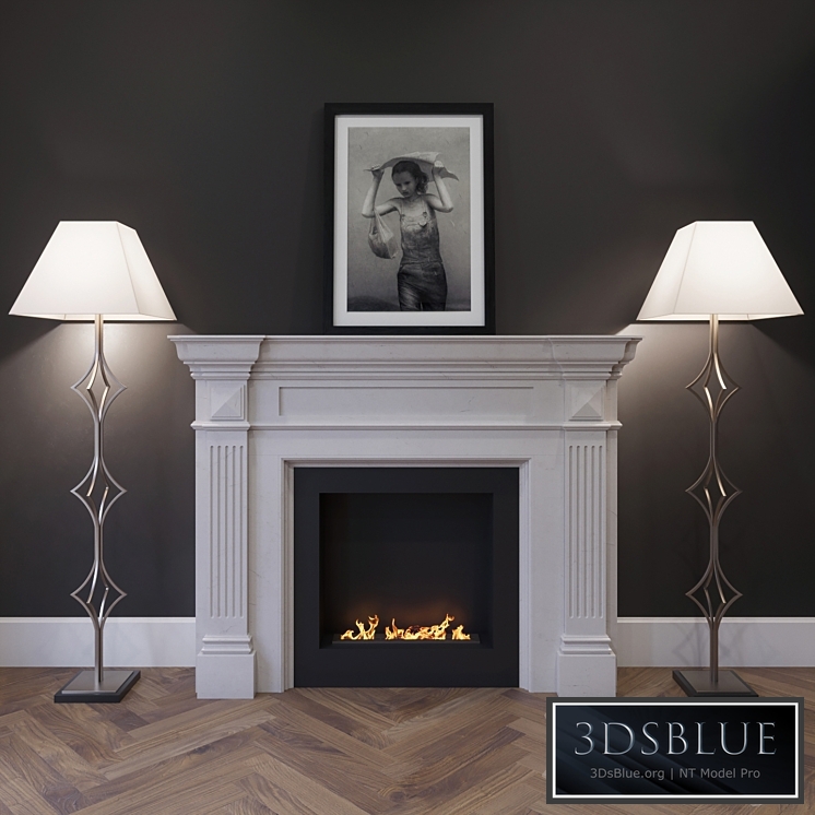 The fireplace is marble with a biotope, floor lamps and a picture.