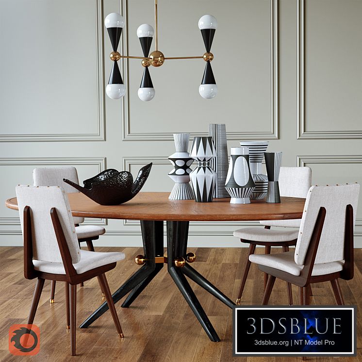 Trocadero wood dining table, Camille dinning chair, Caracas Six-light chandelier, Vases, Flying bird