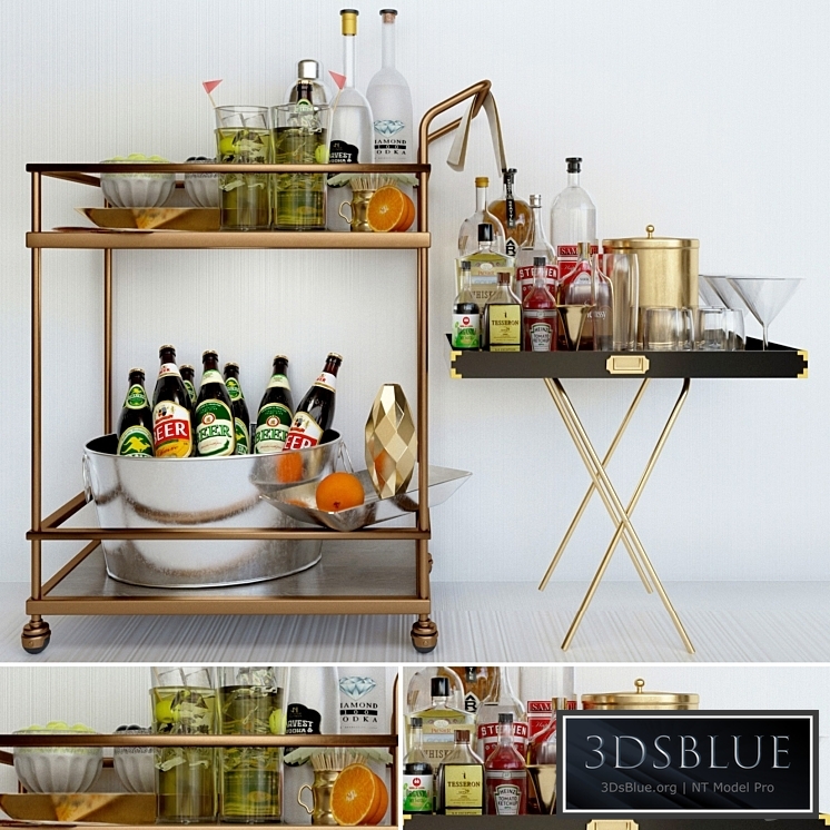 A table with alcohol and a cocktail. Alcohol