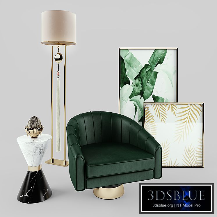 Essential Home Bogarde Armchair, Vinicius side table + Frato Lamp