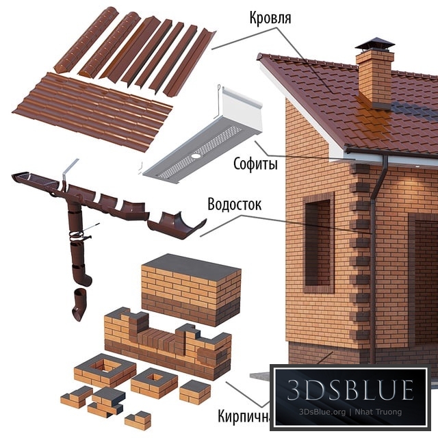 A set of elements for building a brick house