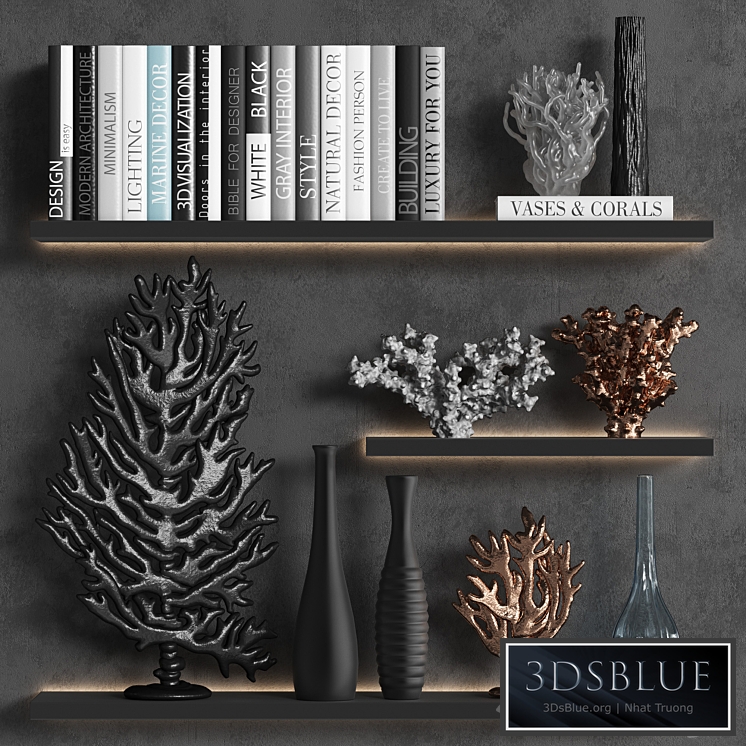 Decorative set of coral books and vases