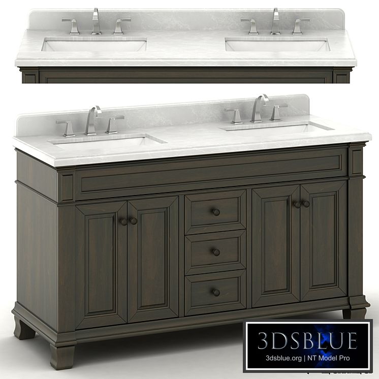 Double sink wooden vanity with metal faucet