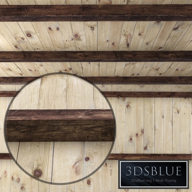 Wooden ceiling with beams.