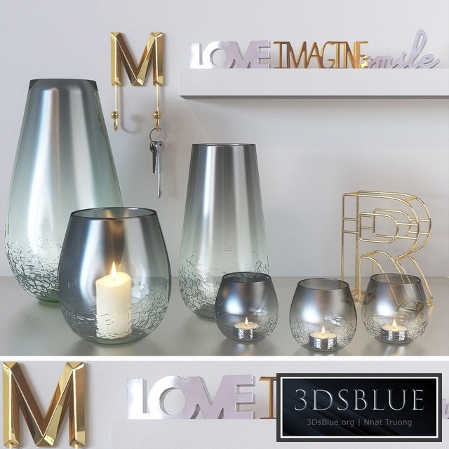 Modern set of candlesticks, candles and decor