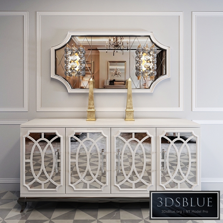 High End Italian White Fretwork Mirrored Sideboard