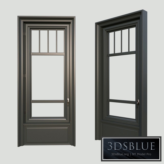 A window in the classical style. The material is dark wood.