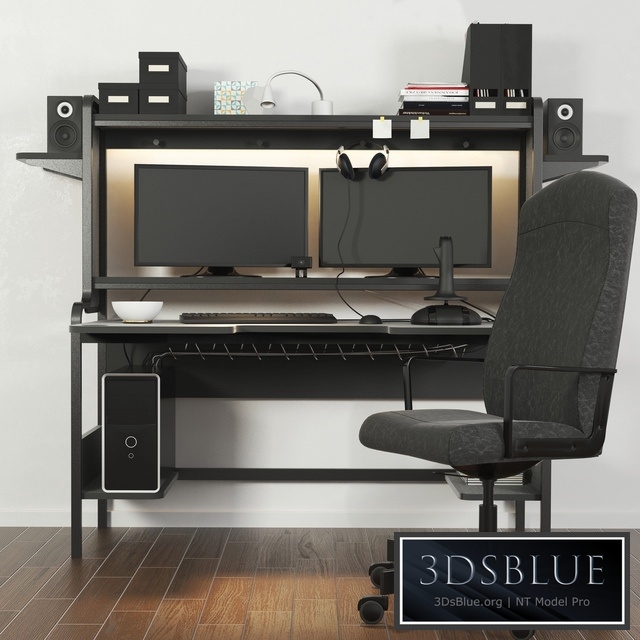 A set of office furniture in a minimalist style with a computer. Books, stationery