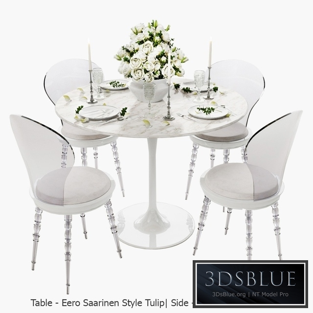White set / Babel chair by Marcel Wanders, table Eero Saarinen Style Tulip, serving.
