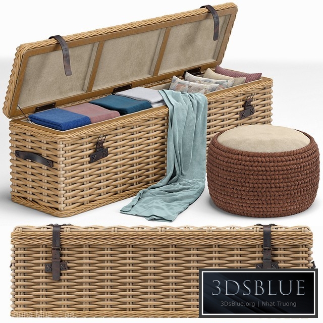 Brenna Leather Accent Woven Rattan Trunk, pouf