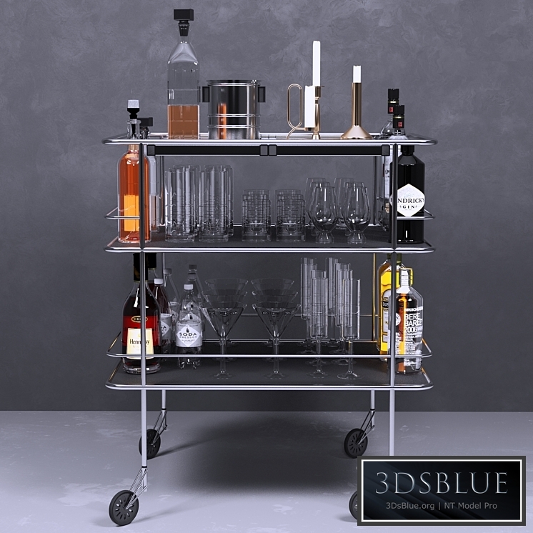 A table with alcohol and a crystal service. Wine