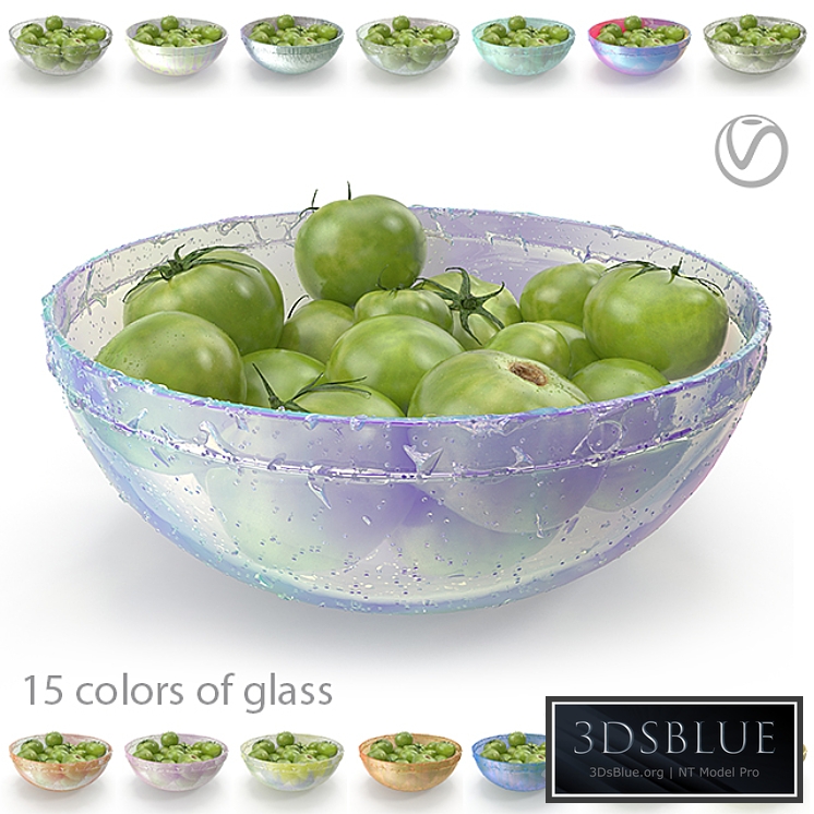 Green tomatoes in a round, glass plate (15 colors of glass, with drops of water and without)