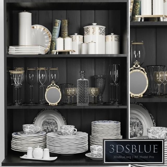 Wardrobe with a set of dishes and a crystal service in a classic style