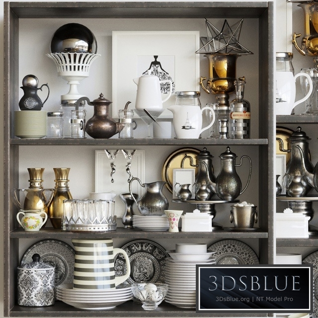 Classic cabinet with crockery and kitchen utensils. kitchen service
