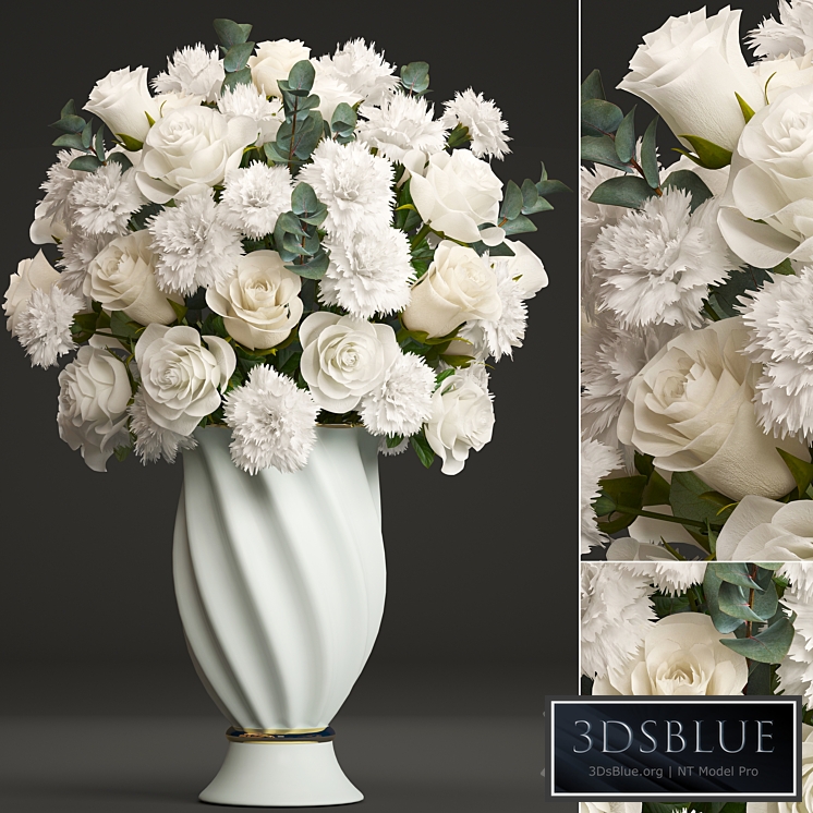 Bouquet of white flowers 35. Spring bouquet, vase, eucalyptus, white rose, carnation, luxury decor, classic vase