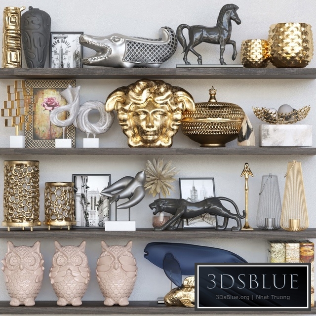 Shelf with collectible decor and figurines. Decor