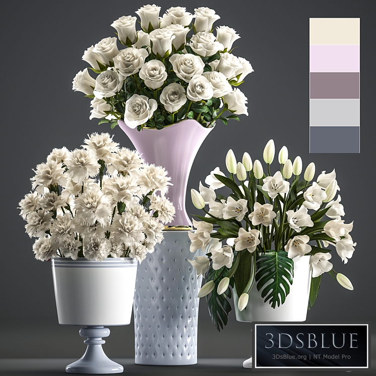 Set of white flowers 58. White bouquets, pot, flowerpot, white tulips, white roses, carnation, vase