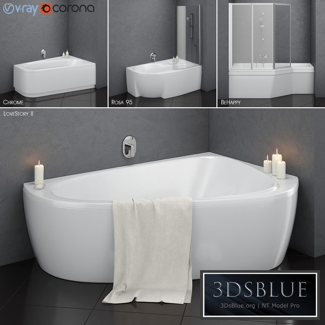 Set of asymmetric baths Ravak set 14 (LoveStory II, Chrome, Rosa 95, BeHappy)