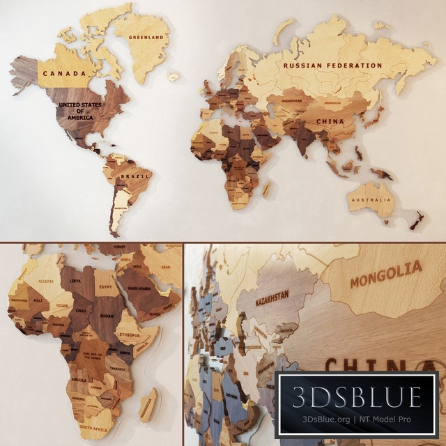 A world map made of wood.