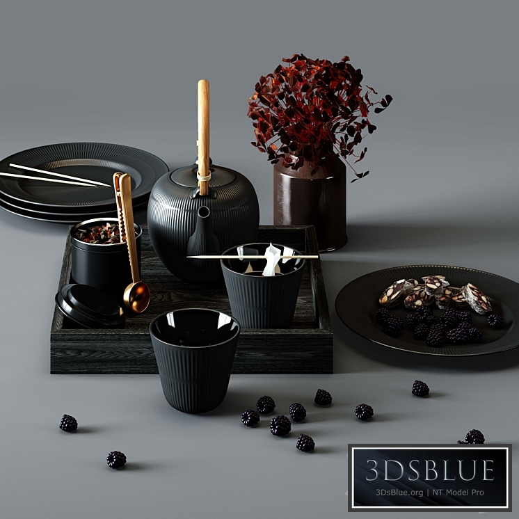 BLACK FLUTED set - thermal teapot, plates and cups