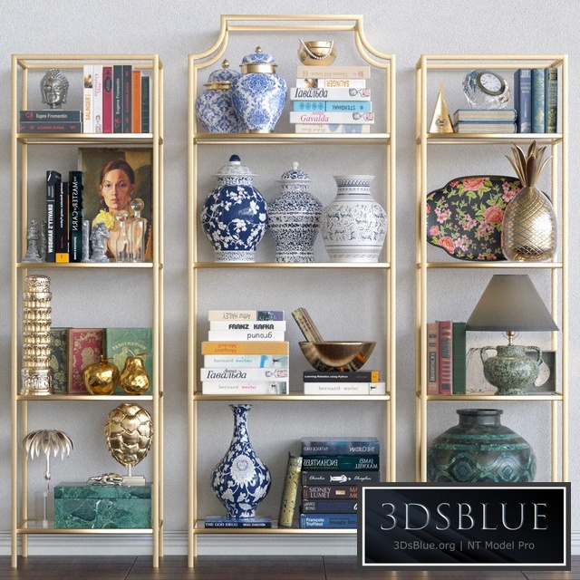 Golden rack with decor for the apartment, figurines and a lamp
