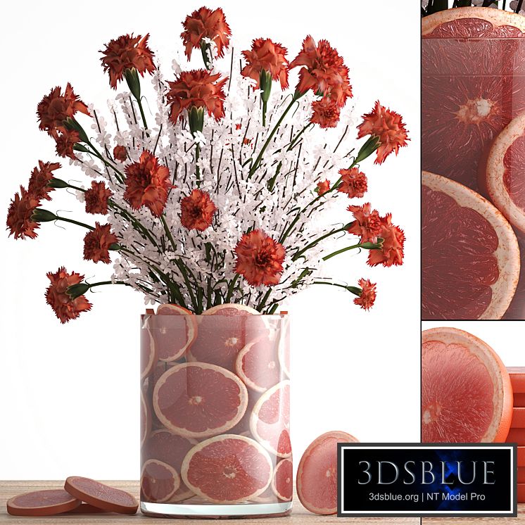 A bouquet of flowers 64. Carnations, sakura, branches, flowers, decor from grapefruit slices, citrus