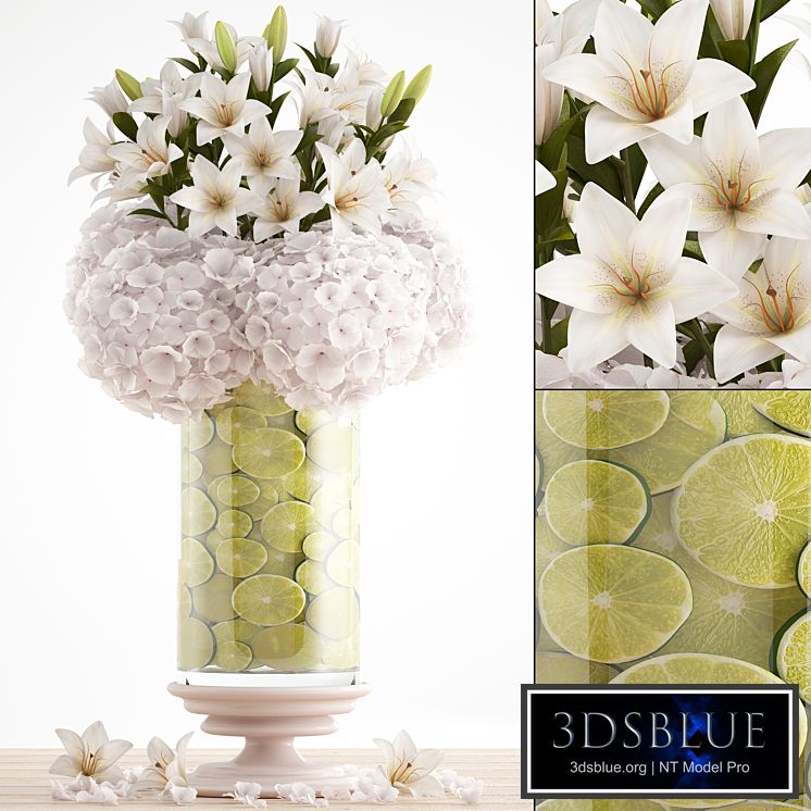 Bouquet of flowers 65. White hydrangeas, Lily, decor, lemon, vase, lemon slices
