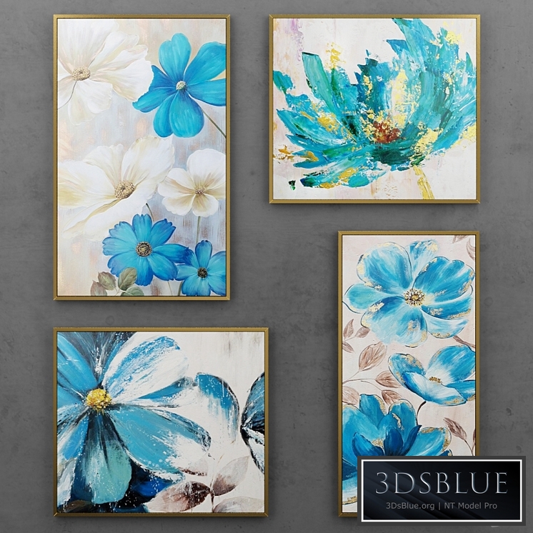 Set of paintings with blue flowers