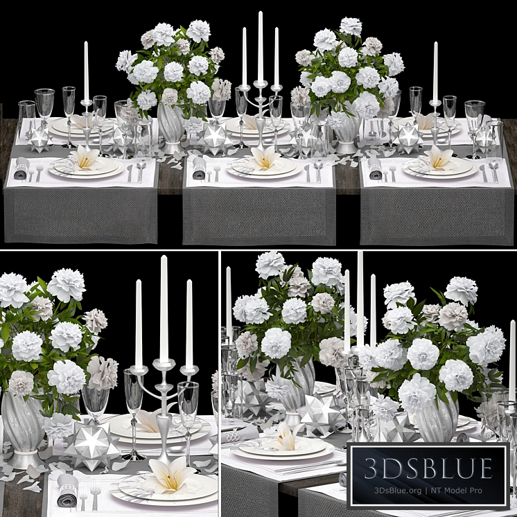 Table setting 4. ZARA HOME. White bouquet, peonies, tablecloth, glass, vase, 6 persons, luxury decor, table decoration, cutlery, candles, stylish, festive, solemn