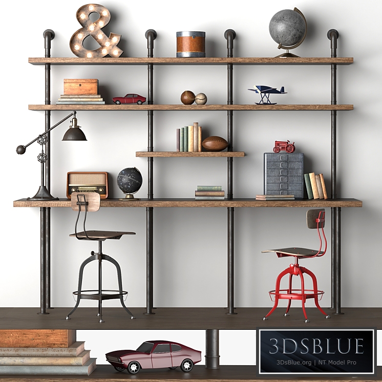 INDUSTRIAL PIPE DOUBLE DESK WITH SHELVINGC