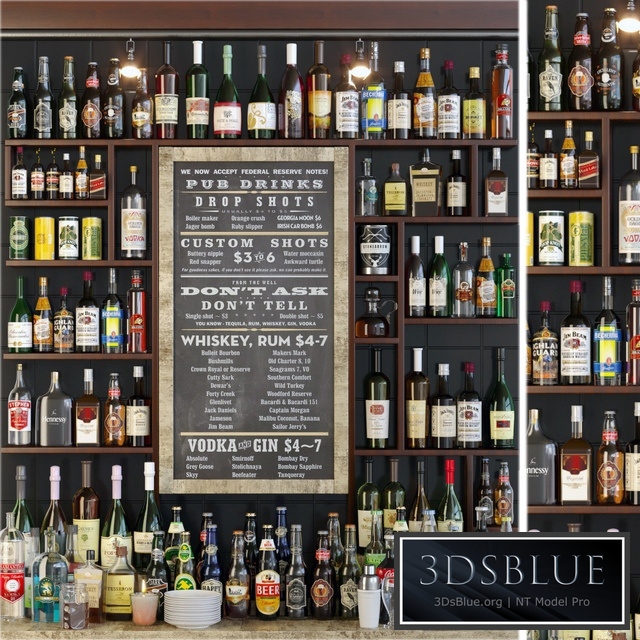Showcase in the bar with a collection of strong alcohol and cocktails. Alcohol