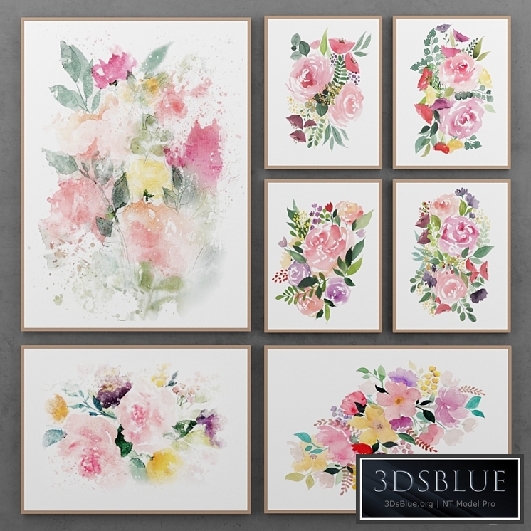 Set of paintings with watercolor flowers