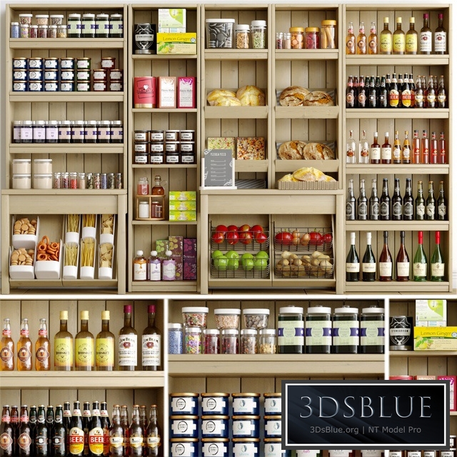 Rack with spices, alcohol and pastries in the supermarket