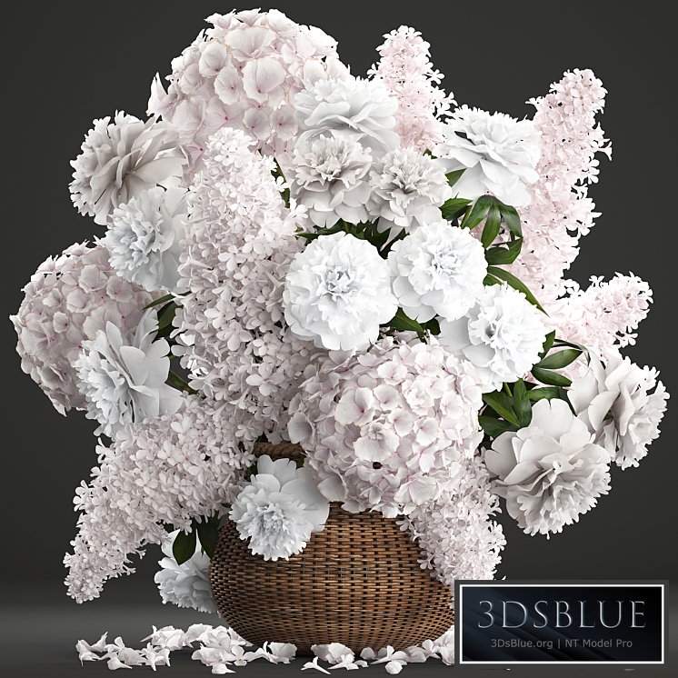 Bouquet of white flowers 82. Flowers, hydrangea, basket, peonies, lilac, eco design, natural decor, table decoration