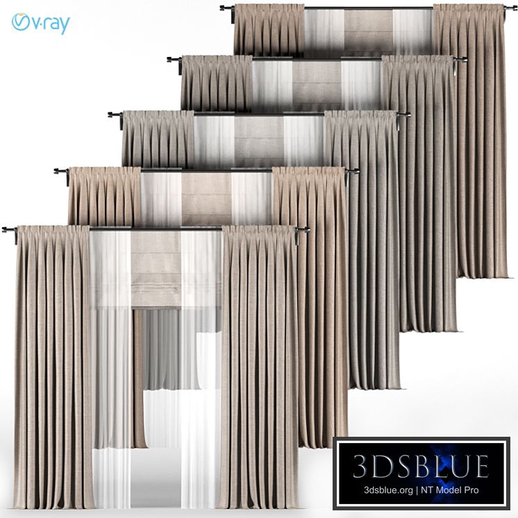 A series of brown curtains with white tulle + Roman blinds.