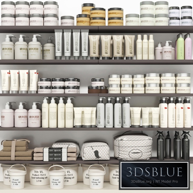 Shelf with a collection of cosmetics. Beauty saloon and bathroom accessories