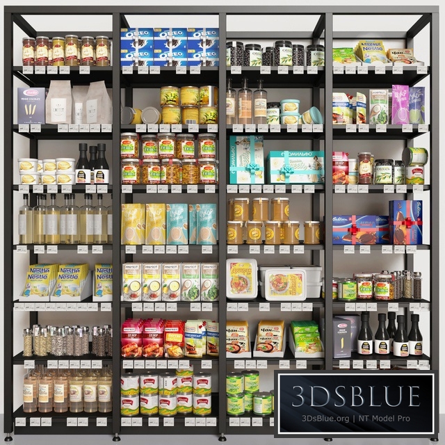 Showcase with conservation and groceries in a supermarket or pantry. Food