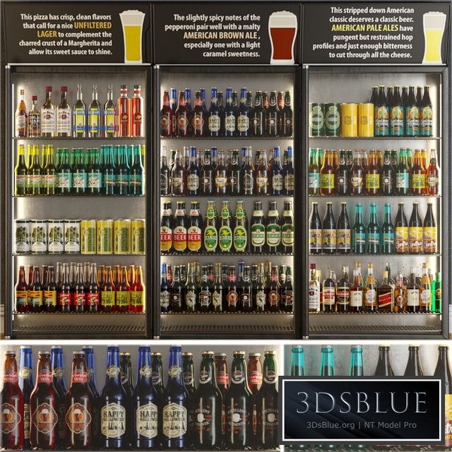 Refrigerator in the supermarket with beer. Alcohol