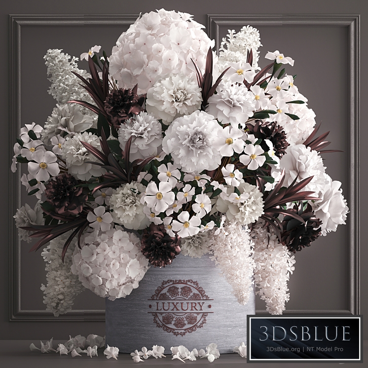 A bouquet of flowers in a gift box 88.luxury bouquet, stucco frame, Hydrangea, lilac, peonies, oleander, vase, white bouquet, luxury decor, eco design, table decoration, composition